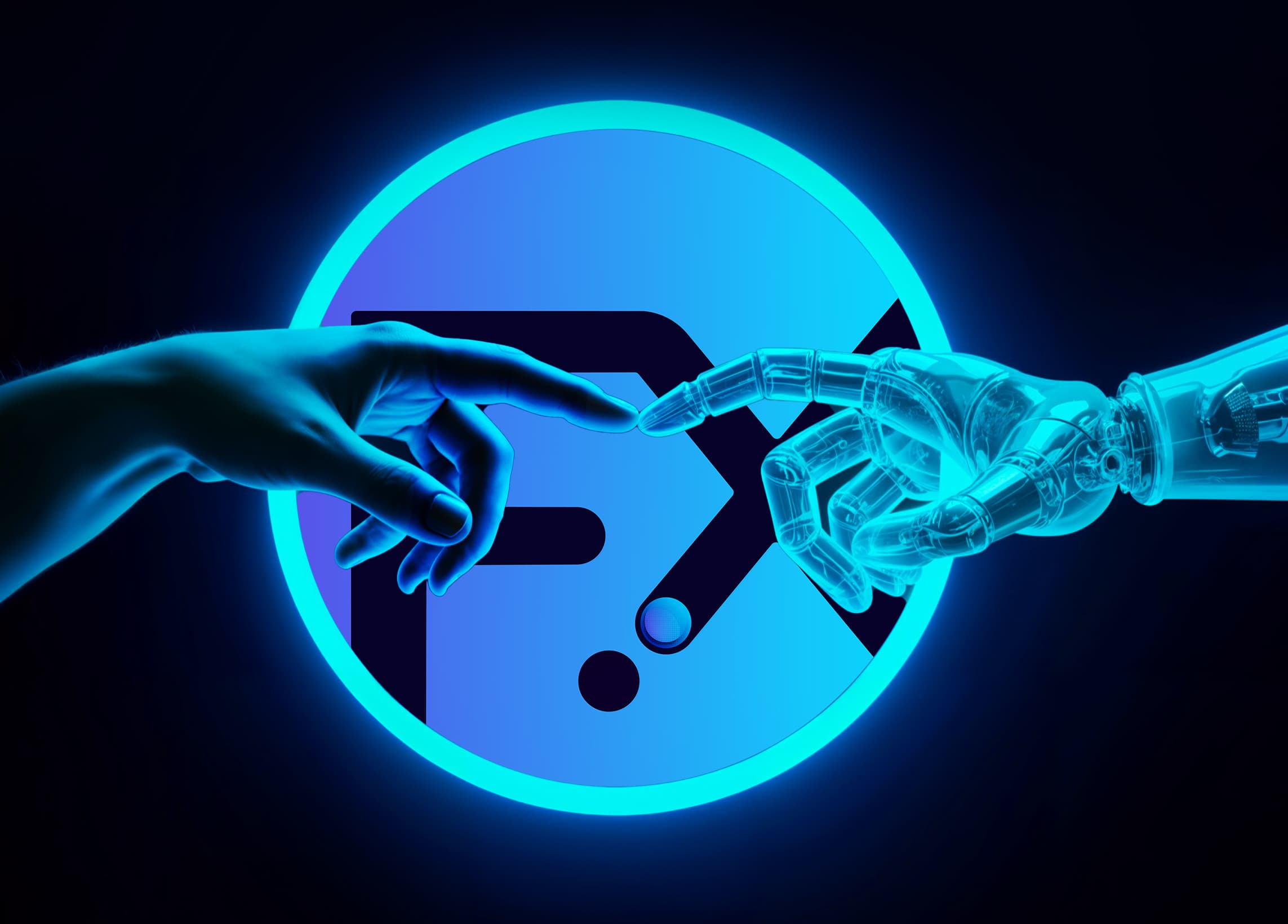 A human hand and a robotic hand reaching toward each other in front of the FutureX mark