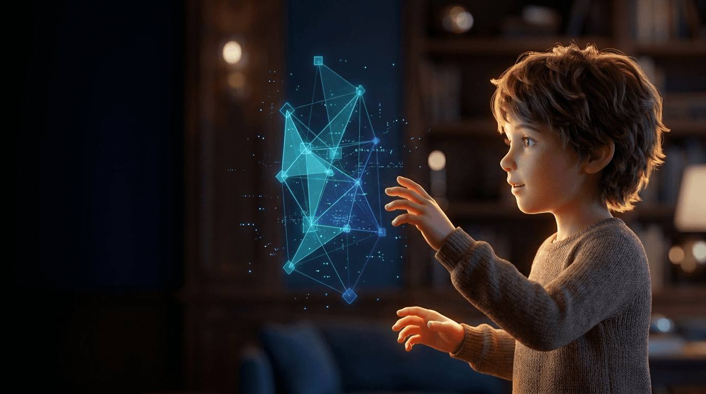 A child reaching toward a glowing network of ideas